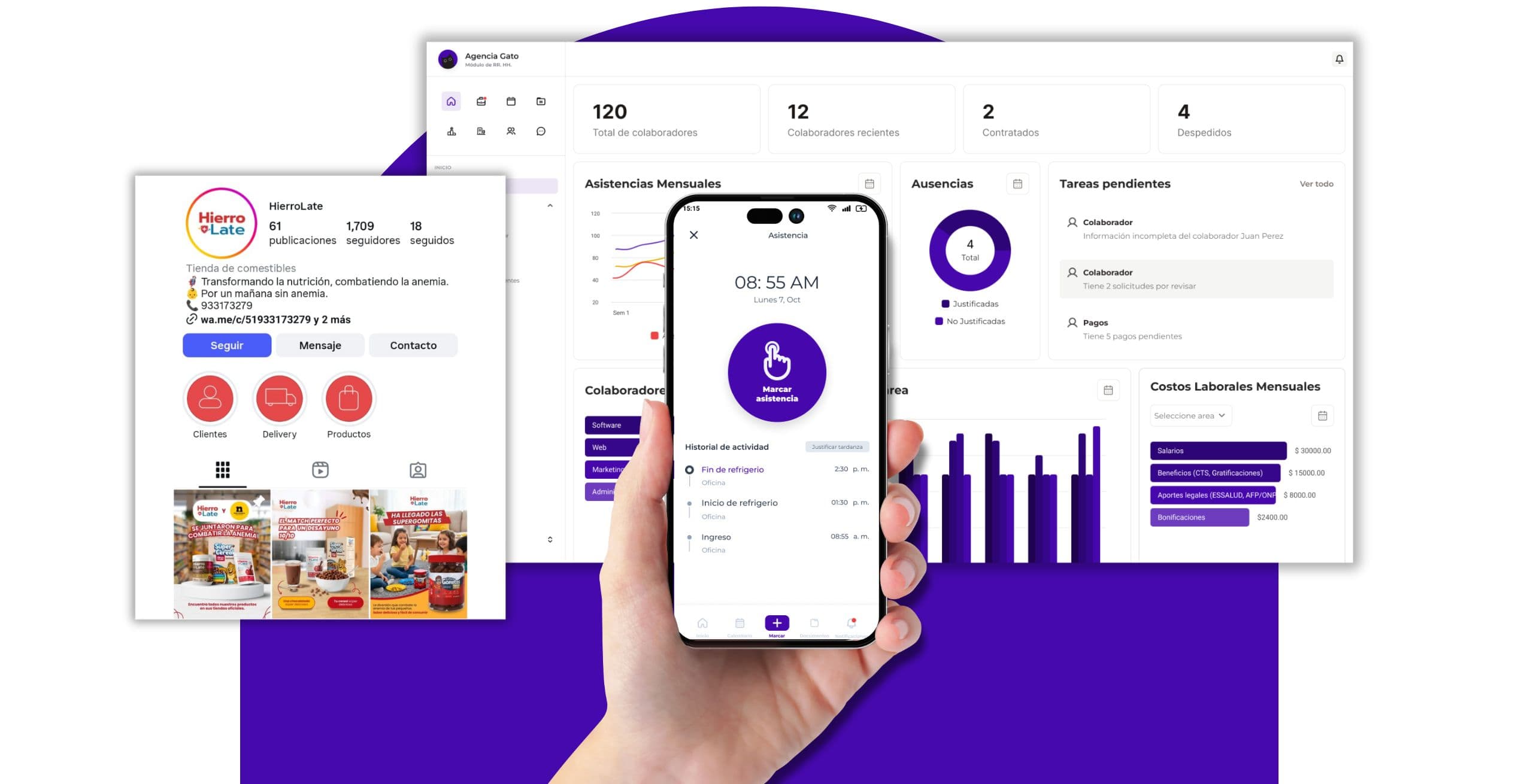 Un post refenciando, vista de un dashboard y una app movil